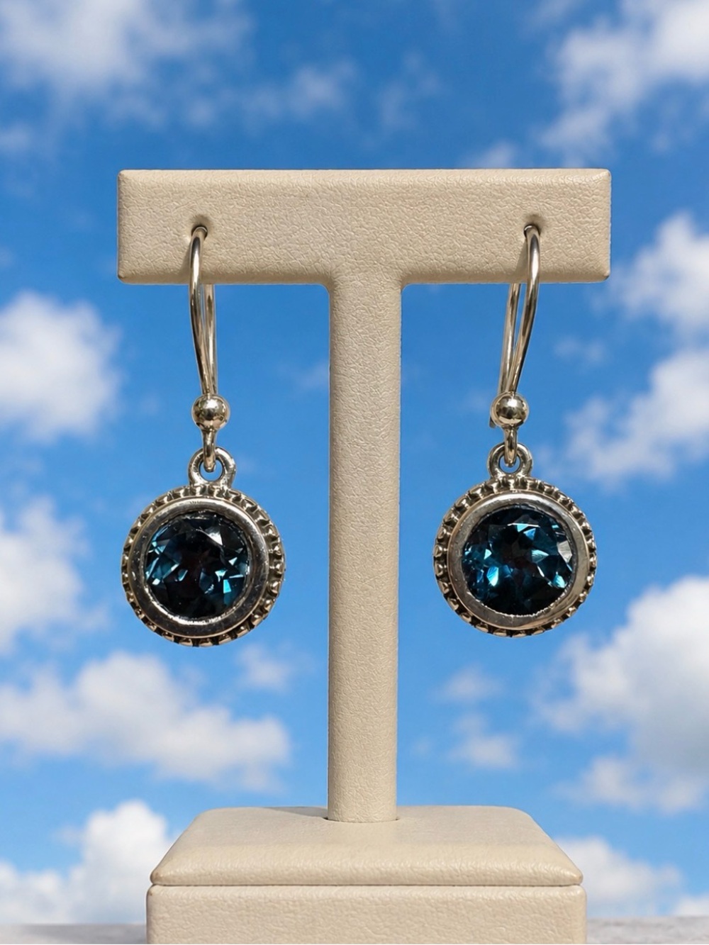 Earrings*Genuine Topaz Faceted London Blue & 925 Sterling Silver Dangle Drop